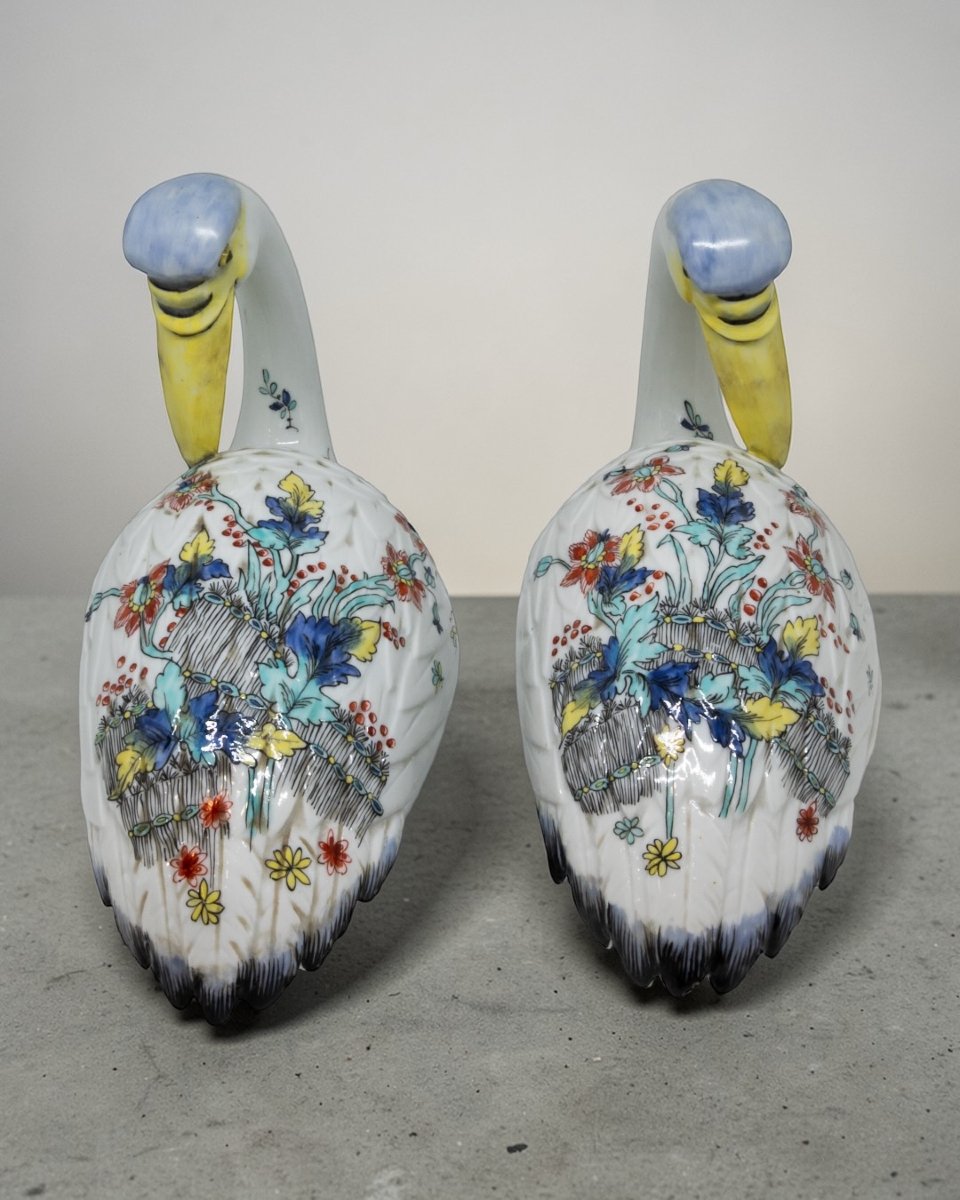 Samson - Coppia Di Cigni in Porcellana Policroma - Francia Inizio XX Secolo -photo-3